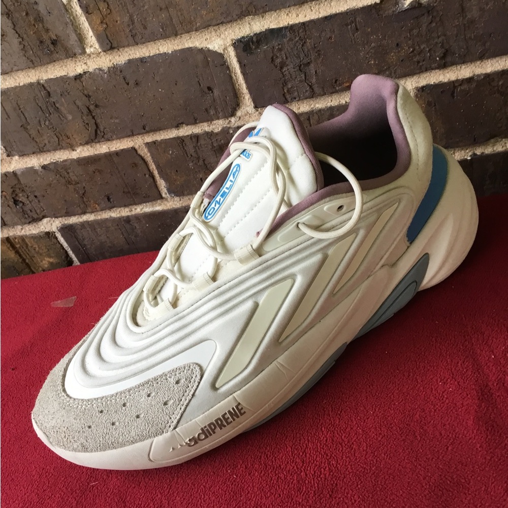 adidas Mens Athletic Shoes Cream with Light Blue and Light Pink Accents